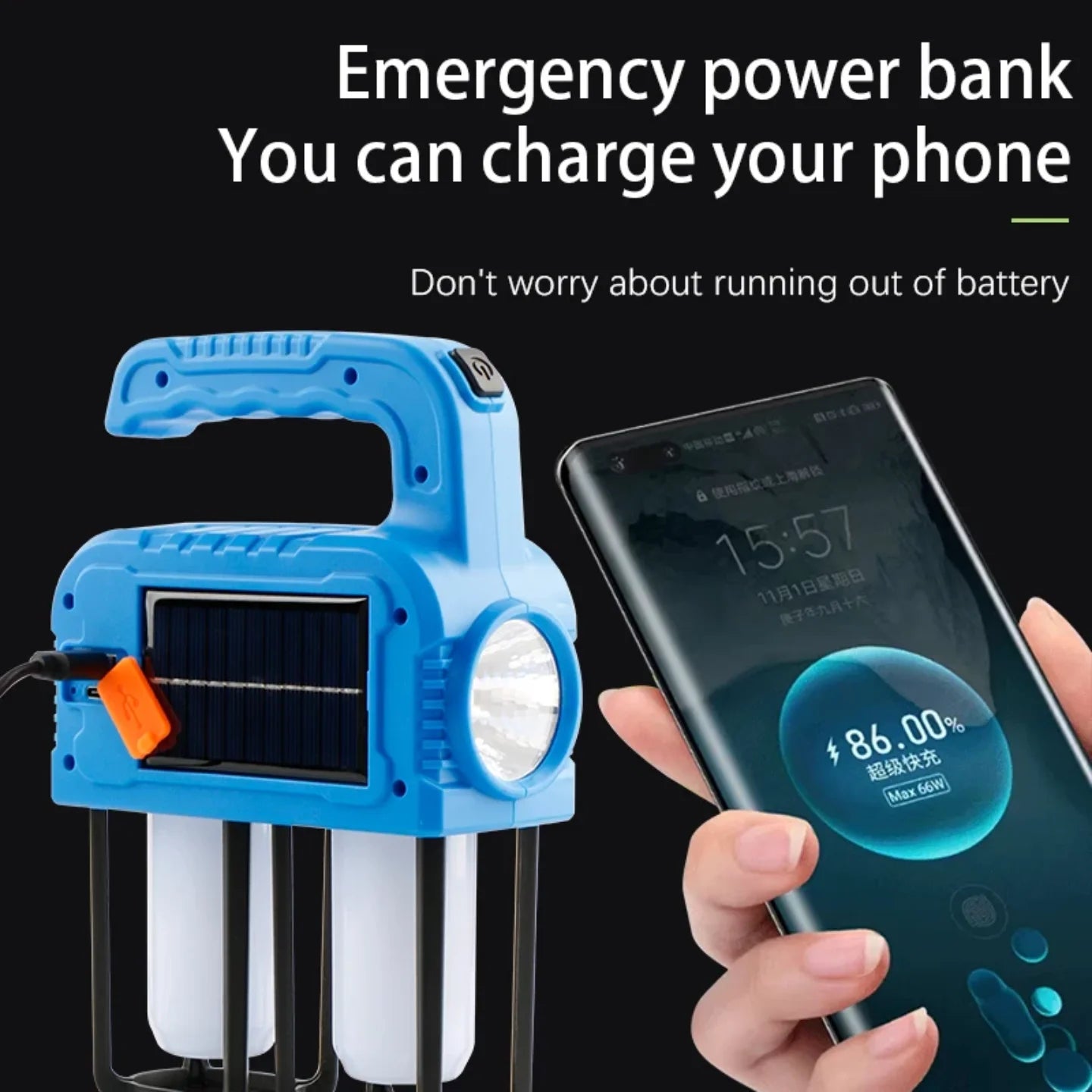 Solarna kamperska lampa koristi se kao power bank za telefon