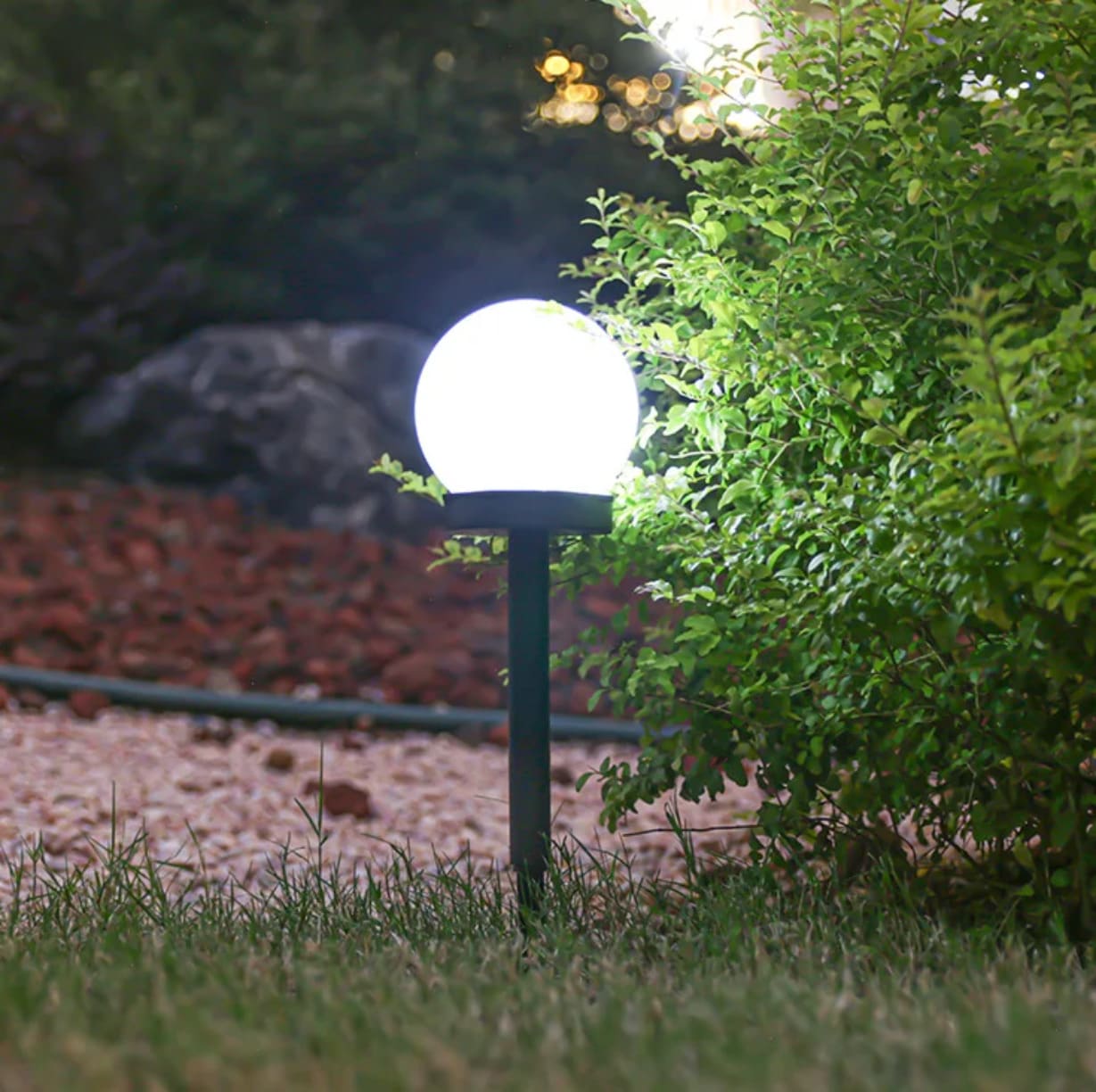 Ubodna solarna LED lampa u obliku bele kugle koja svetli hladnim svetlom, zabodena u travnjak ispred dvorisnog zelenila