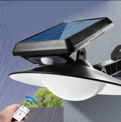 Solarna lampa za spoljasnju upotrebu, idealna za dvoriste, terasu, bastu ili garazu, sa senzorom pokreta i daljinskim upravljacem, otporna na kisu.