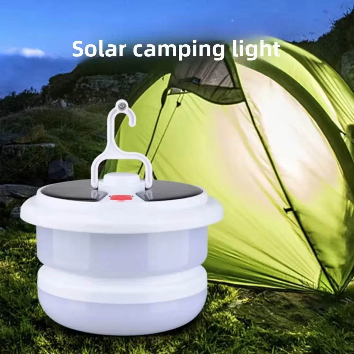 Bele solarna kamping lampa prikazana ispred zelenog šatora za kampovanje