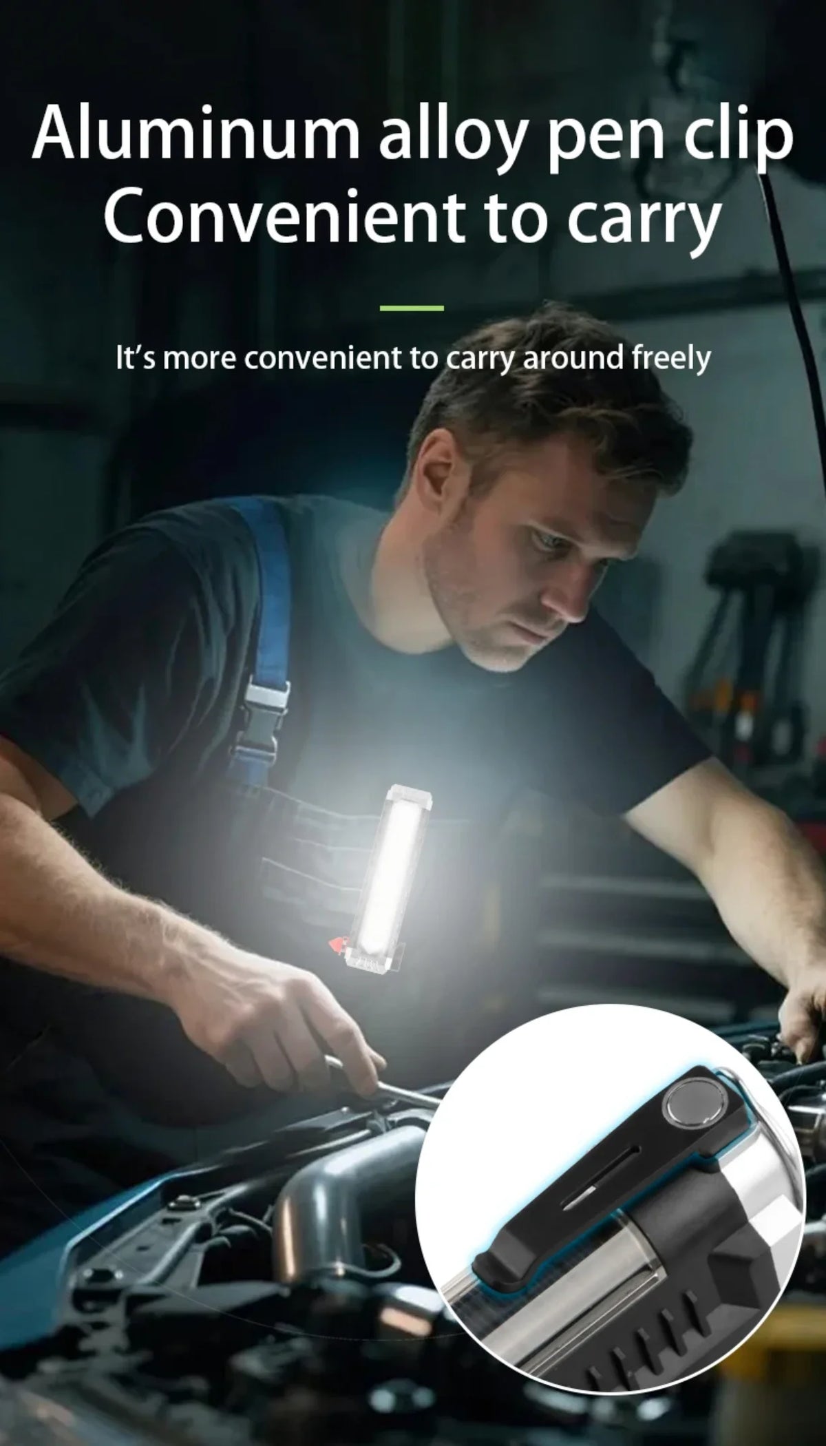 Solarna LED lampa zakacena za treger tokom rada na automobilu