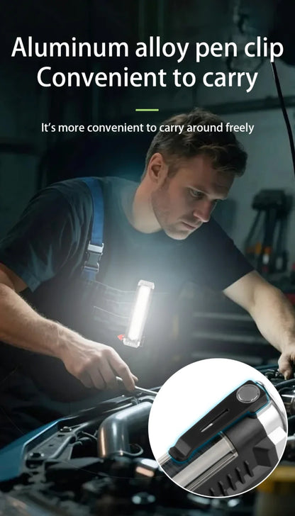 Solarna LED lampa zakacena za treger tokom rada na automobilu