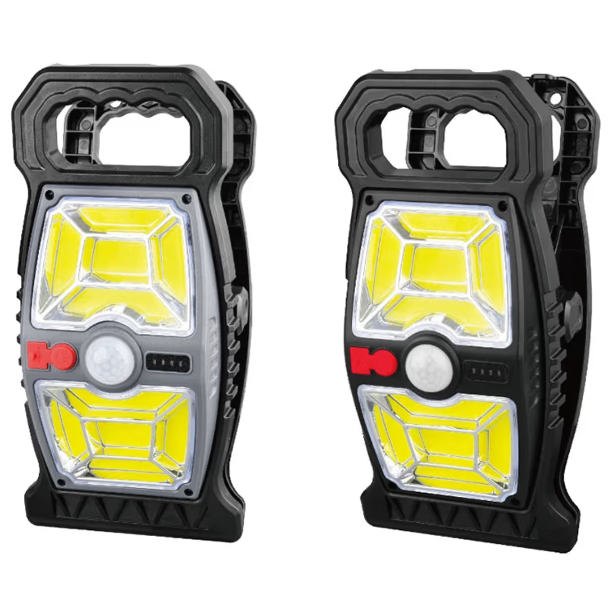 Dve solarne led lampe u crnoj i sivoj boji sa velikom stipaljkom za kacenje i okruglim senzorom pokreta na beloj pozadini