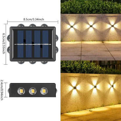 Solarna zidna lampa sa prikazanim dimenzijama i osvetljenjem dvorista