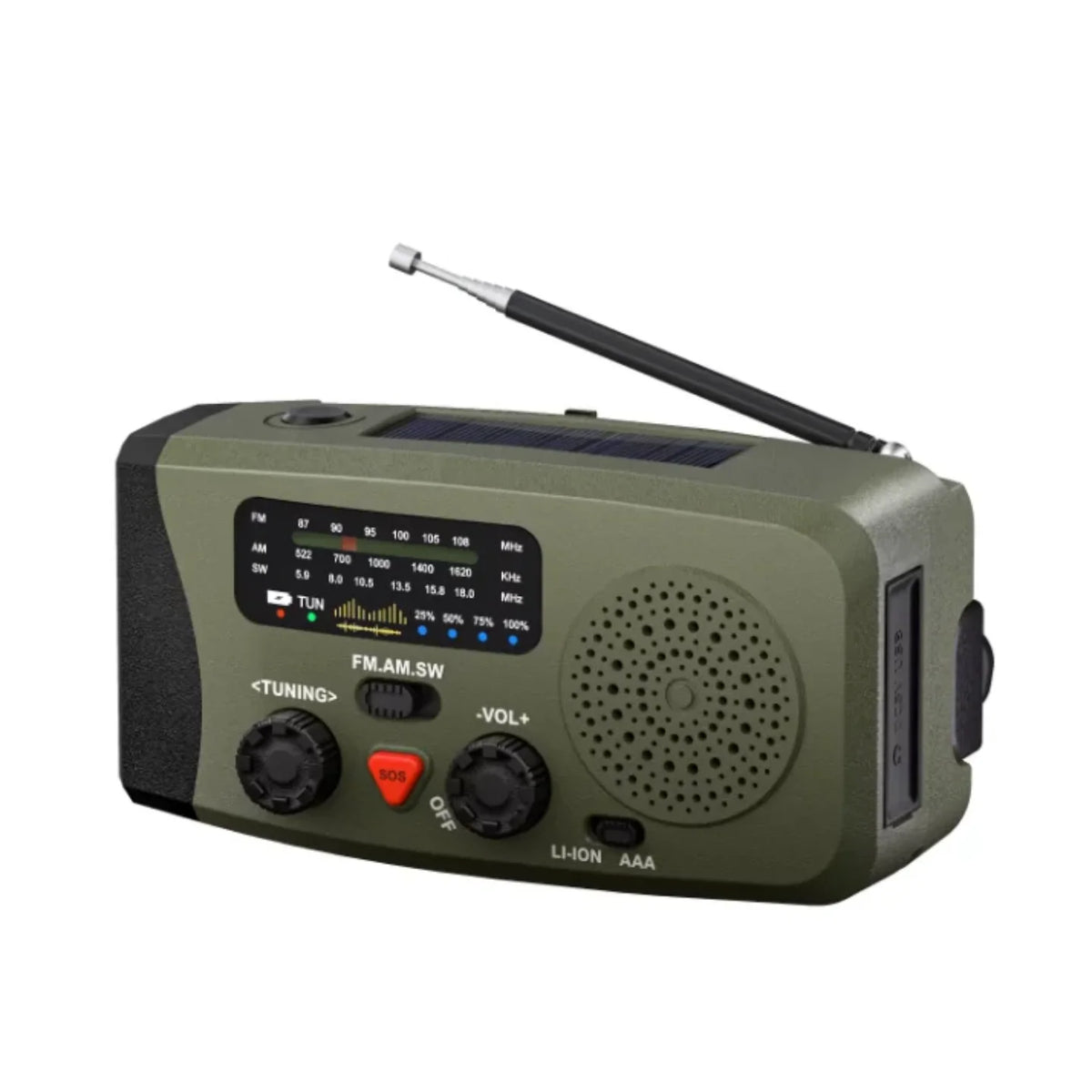 Zeleni solarni krizni radio sa solarnim panelom i antenom