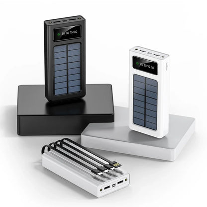 Solarni power bank u beloj i crnoj boji sa cetiri ugradjena kabla