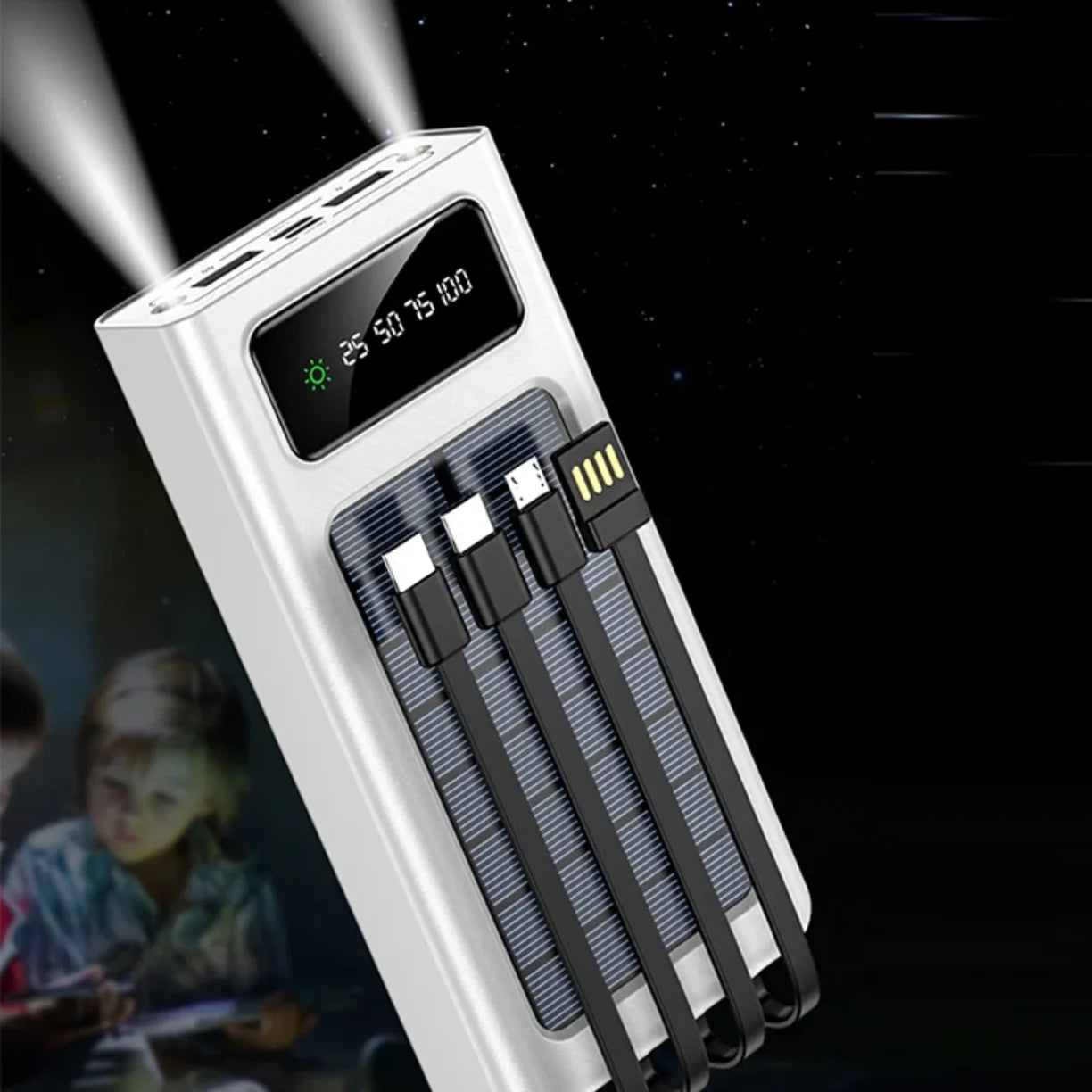 Solarni power bank sa LED lampom i vise ugradjenih kablova