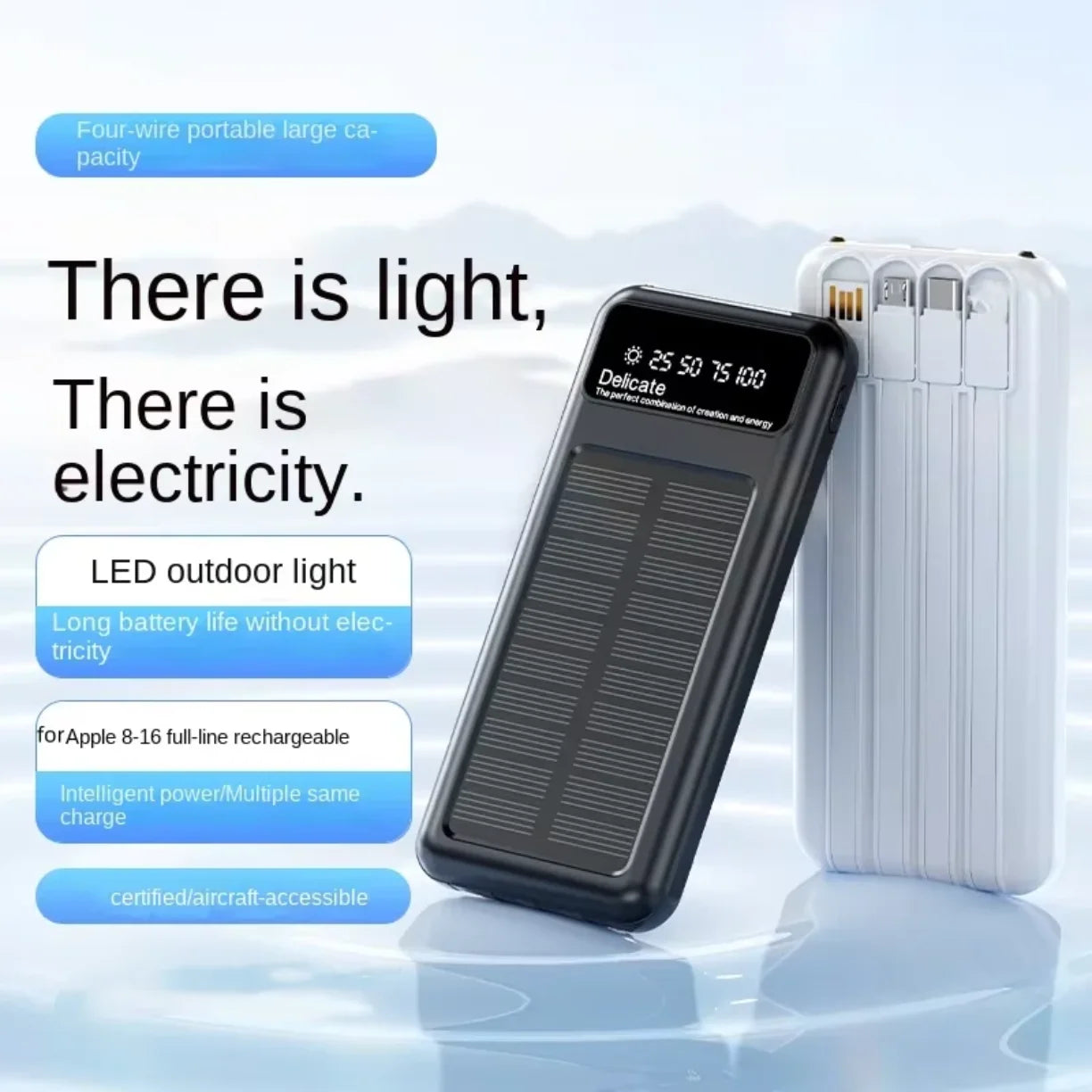Solarni power bank sa ugradjenim kablovima i opisom funkcija