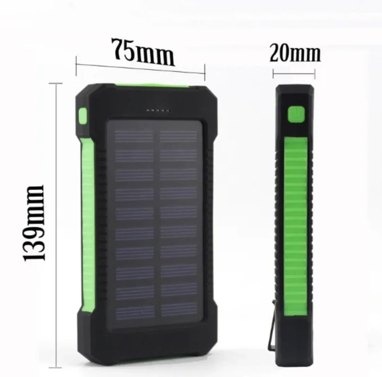 Dimenzije solarnog punjaca 139 x 75 x 20 mm sa prikazom prednje i bocne strane
