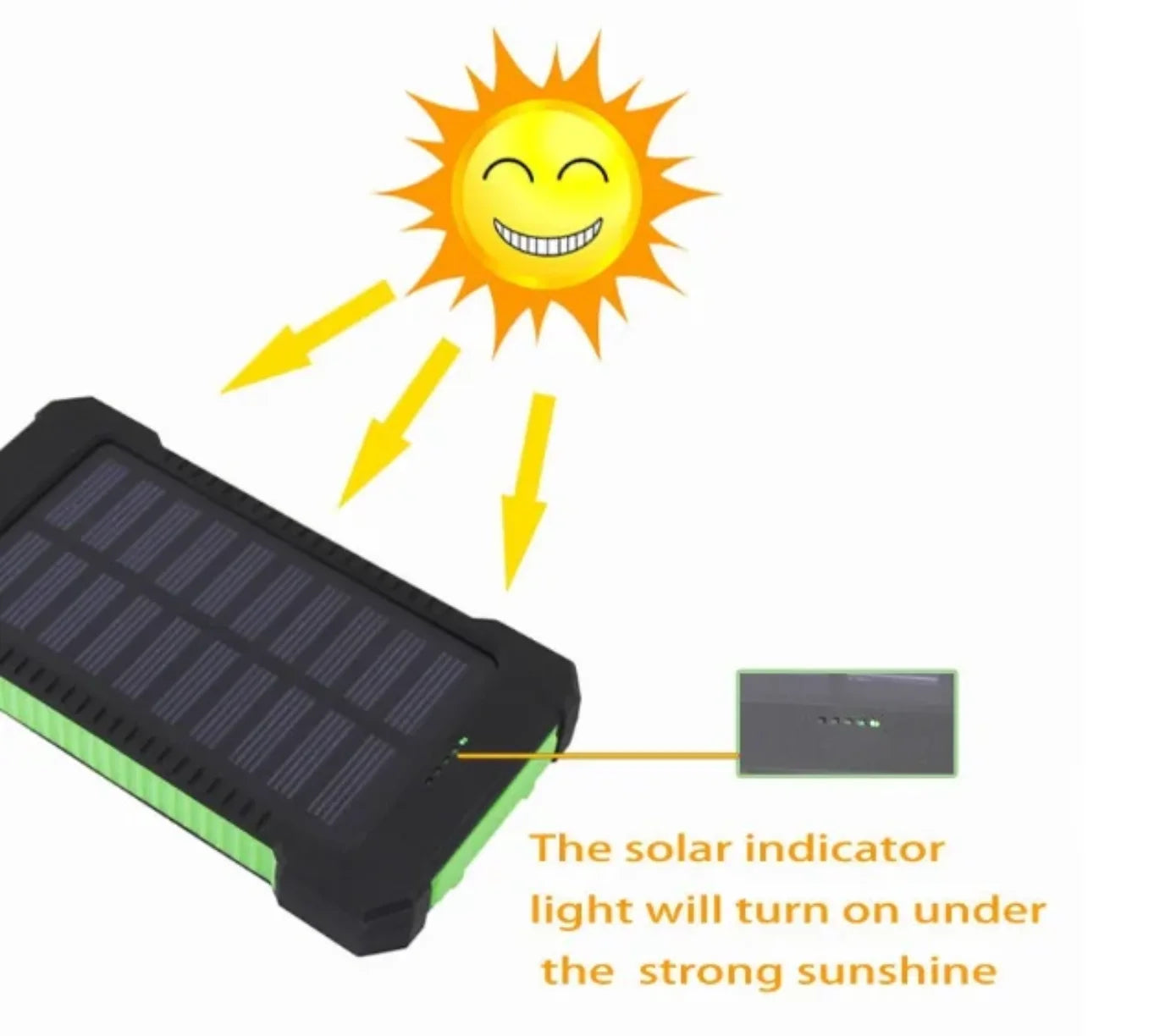 Ilustracija rada solarnog punjaca i paljenja LED indikatora na jakom suncu