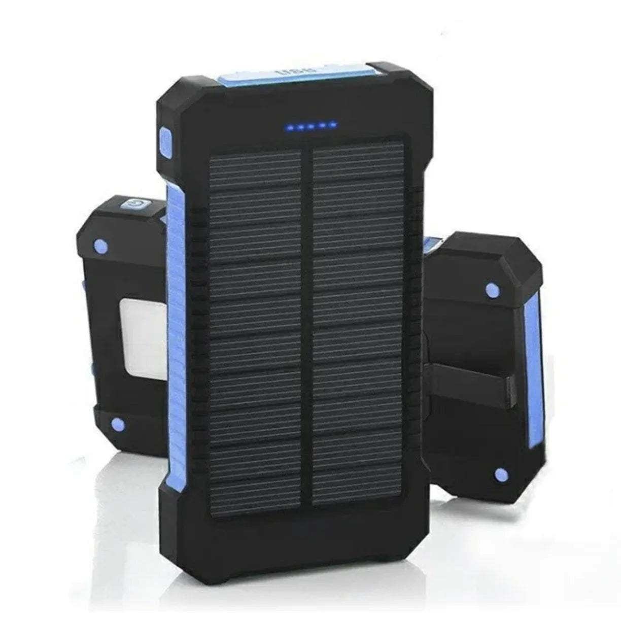 Solarni power bank u crno plavoj boji sa LED lampom i solarnim panelom