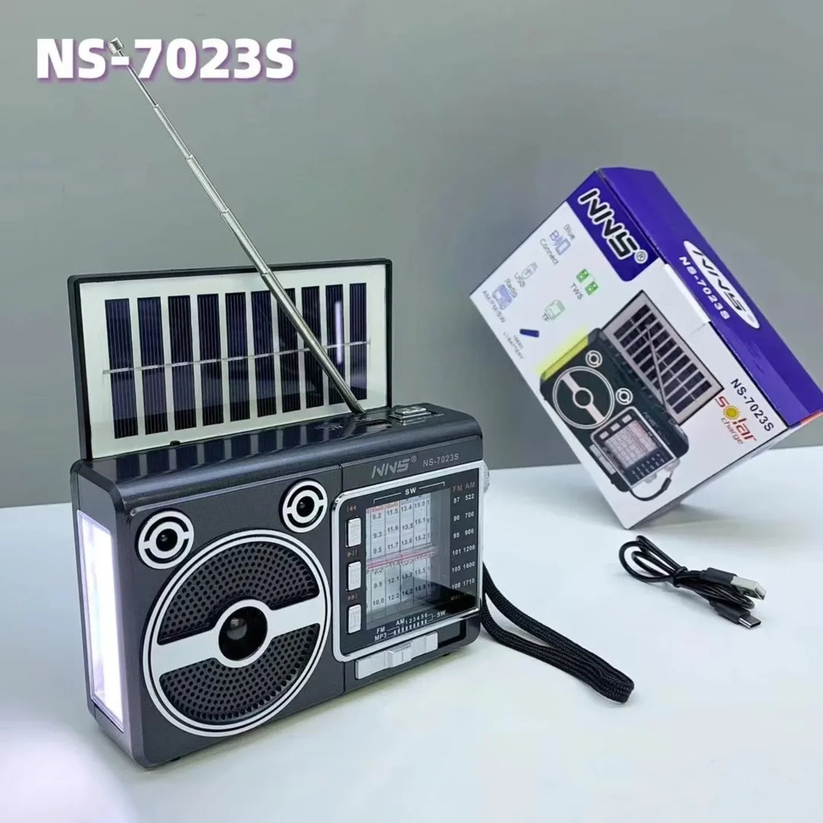 Solarni radio sa antenom, bocnim svetlom i kutijom