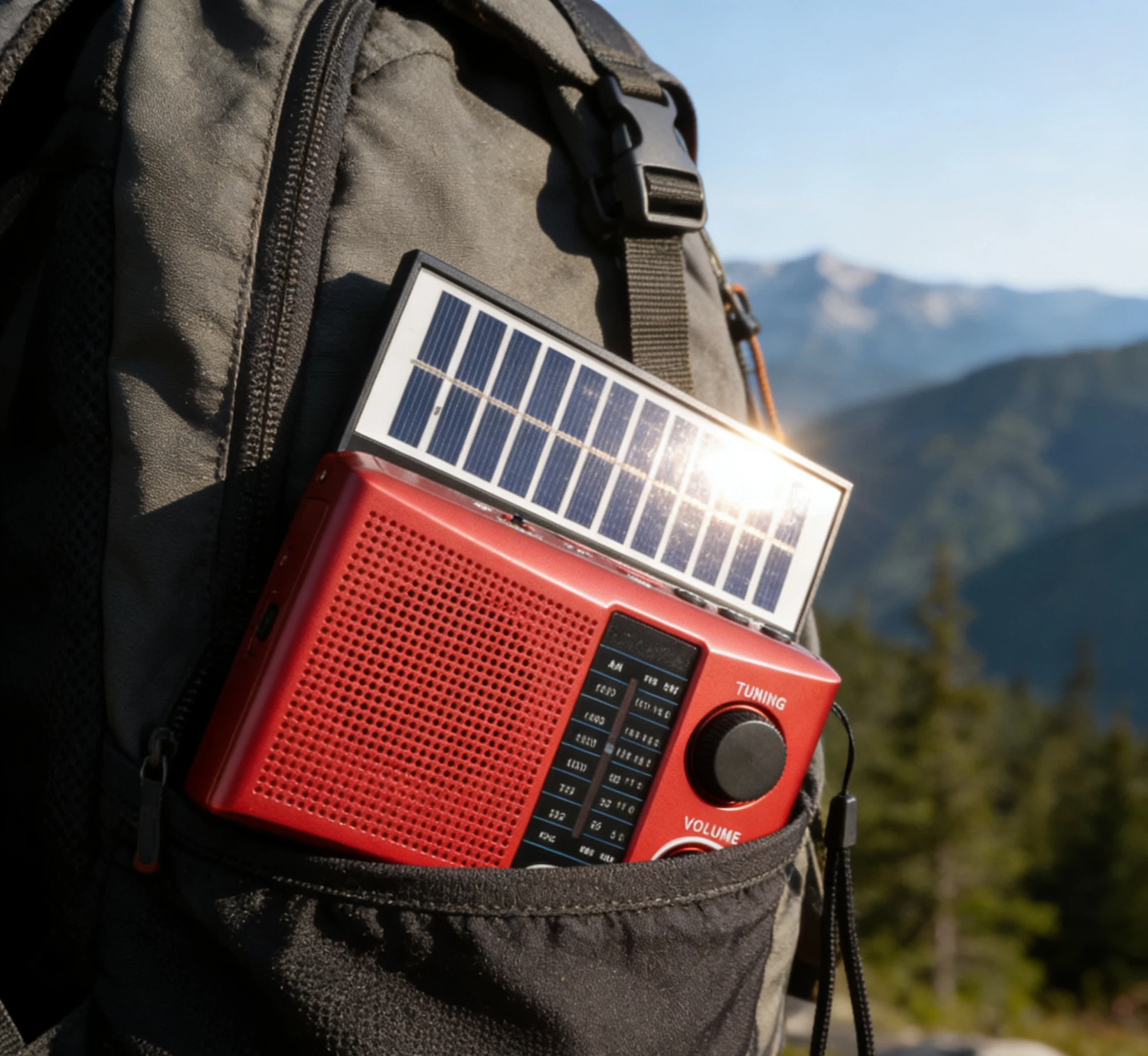 Solarni retro radio u dzepu ranca tokom planinarenja