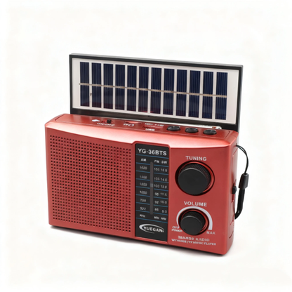 Solarni retro radio YG-36BTS na svetloj pozadini sa vidljivim oznakama opsega