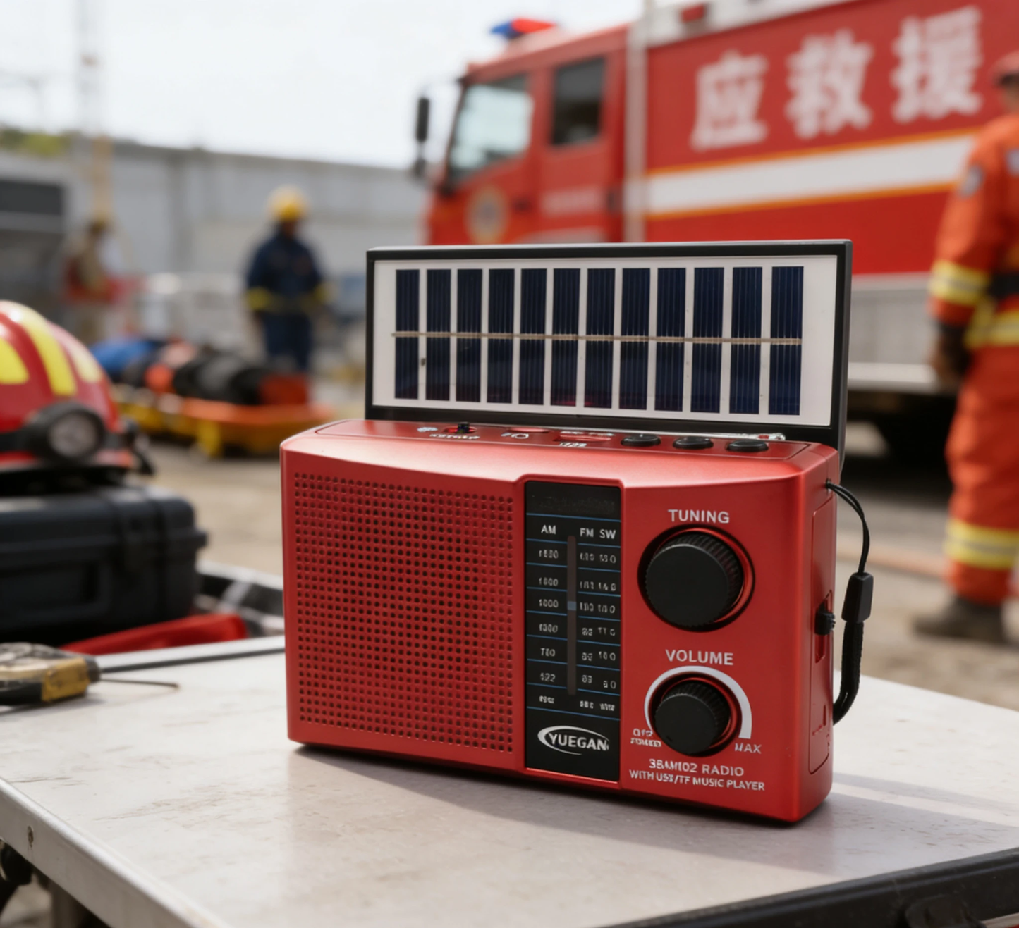 Solarni retro radio na stolu u blizini vatrogasaca tokom intervencije