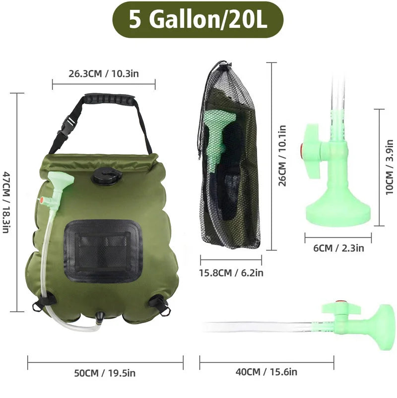 Dimenzije prenosivog solarnog tusa 20l sa mrezastom vrecicom i prskalicom