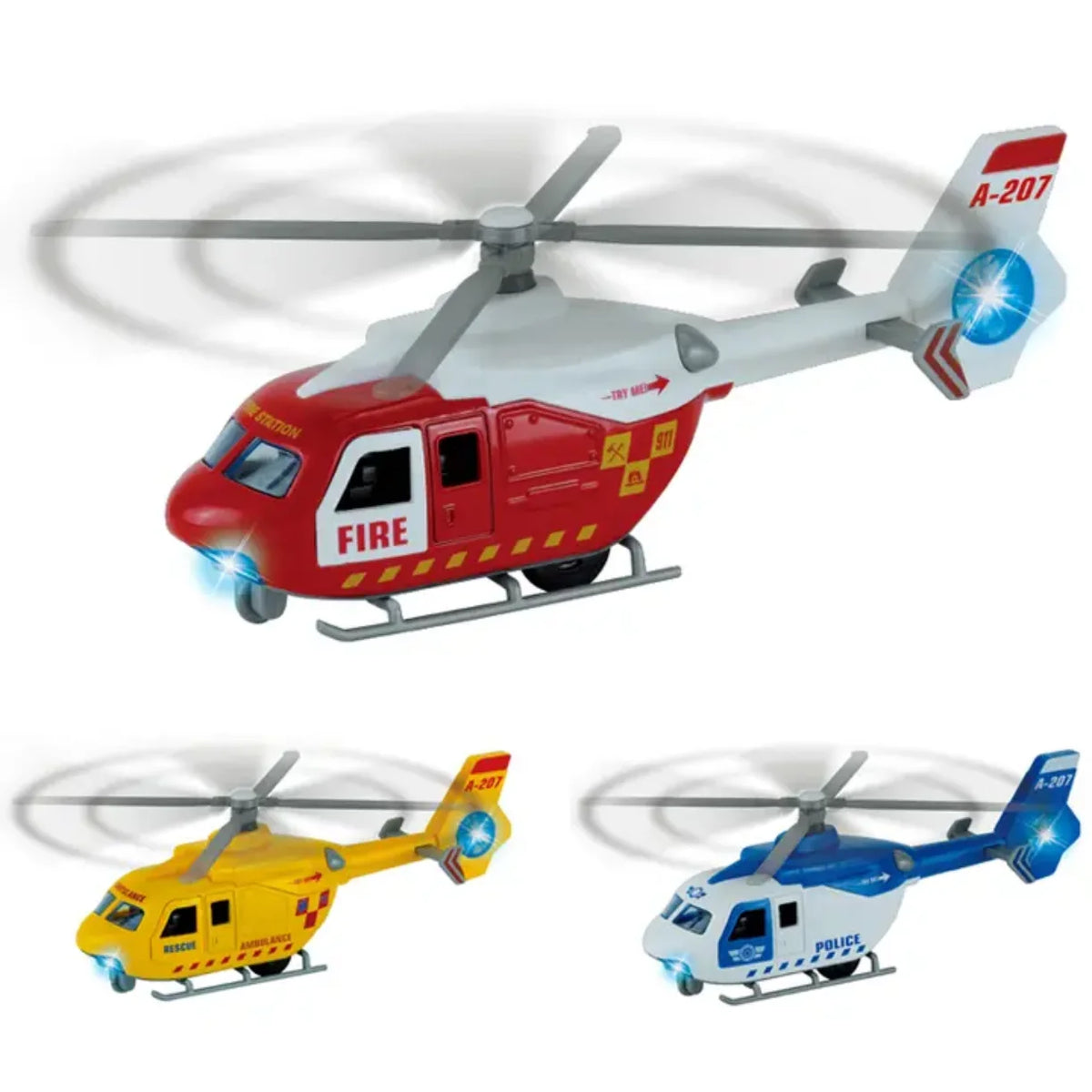 Tri spasavacka helikoptera igracke sa plavim svetlima