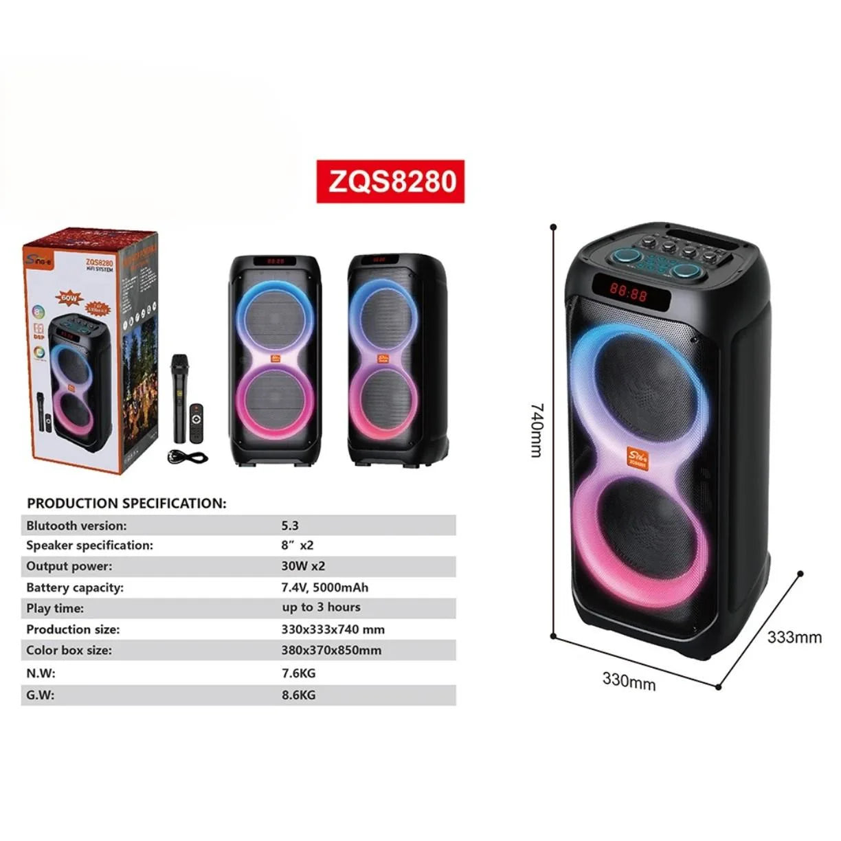 tehnicke specifikacije i dimenzije karaoke bluetooth zvucnika 60w