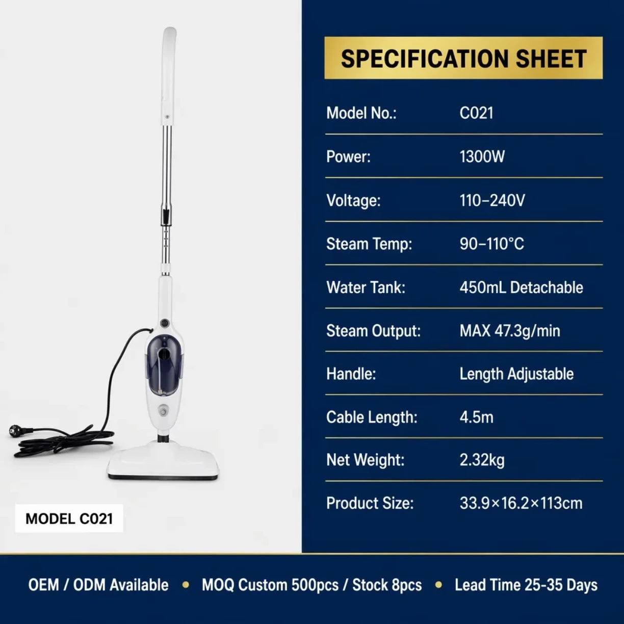 Specifikacije parnog mopa C021 sa snagom 1300W i rezervoarom 450 ml