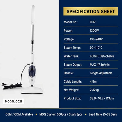 Specifikacije parnog mopa C021 sa snagom 1300W i rezervoarom 450 ml
