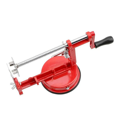 Pogled odozgo na metalnu masinu za spiralni cips sa rucicom i oprugom za automatsko secenje.