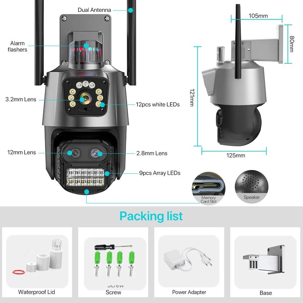 Spoljna nadzorna kamera sa oznacenim socivima LED osvetljenjem dimenzijama uredjaja i sadrzajem pakovanja