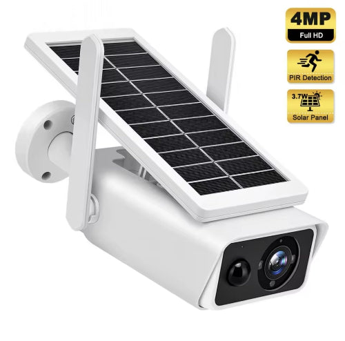 Bela  spoljna sigurnosna kamera sa crnim objektivom i senzorima postavljena je na beloj pozadini. Kamera ima beli solarni panel pricvrscen na vrhu i dve bele antene sa strane. U gornjem desnom uglu nalaze se tri zuta pravougaona obelezja sa crnim tekstom i ikonama: "4MP Full HD", ikona coveka u trku i "PIR Detection", ikona sunca i "3.7W Solar Panel.