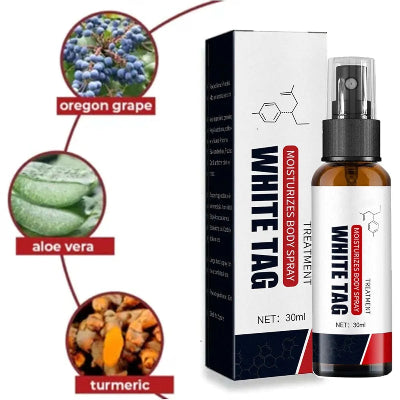 Sastojci White Tag spreja za vitiligo. Sadrži ekstrakt grožđa, aloe veru i kurkumu. Prirodni sastojci pomažu u regeneraciji kože.