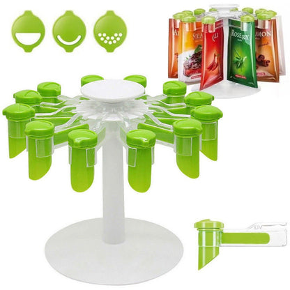 Stalak za kese sa zacinima, rotirajuci, sa razlicitim tipovima zatvaraca za kesice.