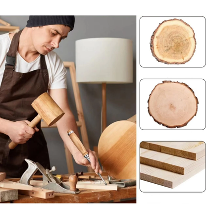Slika prikazuje stolara u radionici kako obradjuje drvo alatom, uz panele koji prikazuju sirove panjeve i daske od drvene gradje.