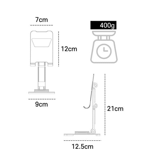 Stoni drzac za telefon sa prikazom dimenzija i tezine metalne konstrukcije