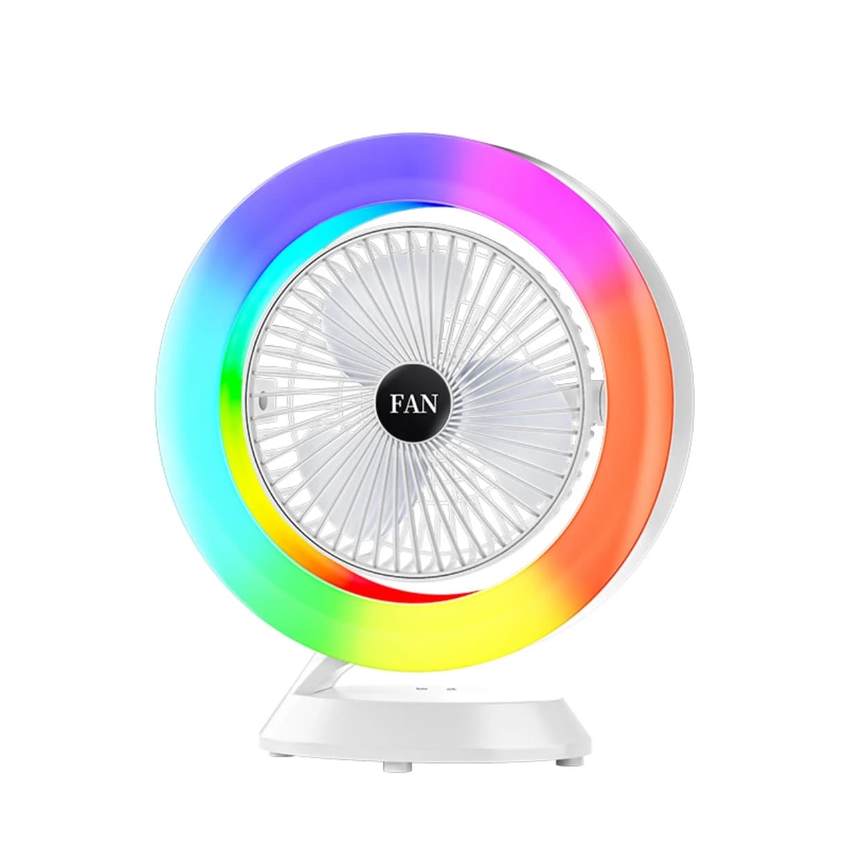 Stoni ventilator bele boje sa kruznim rgb led osvetljenjem u duginim bojama na cistoj beloj pozadini