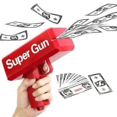 Ilustracija pistolja Super Gun kako ispaljuje novac u vazduh. Pistolj radi na baterije i izbacuje novcanice veoma brzo. Efekat stvara zabavnu atmosferu.