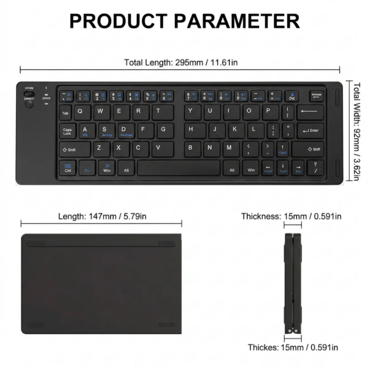 Tehnicke dimenzije mini sklopive bluetooth tastature