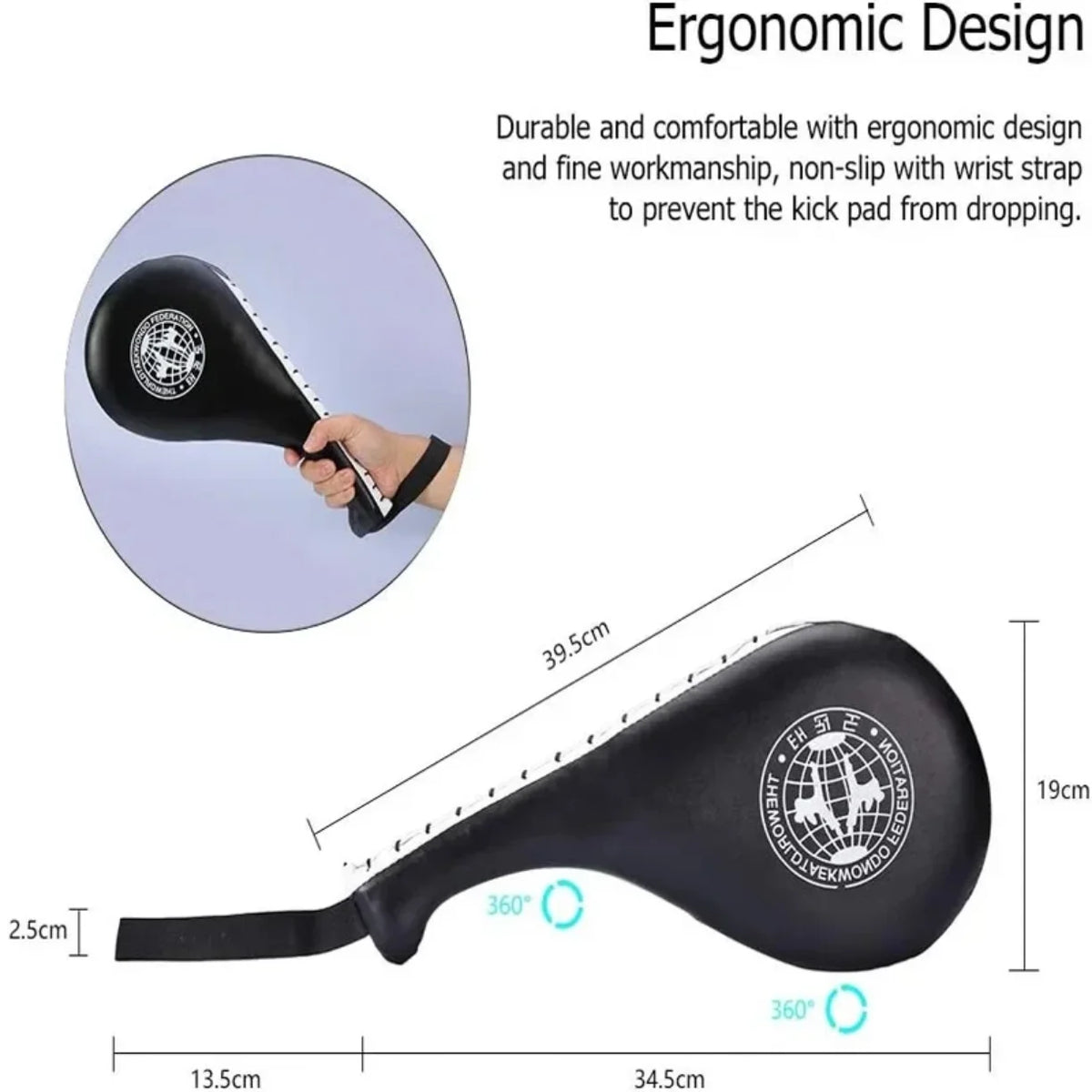 Dimenzije ergonomskog tekvondo duplog fokusera sa trakicom za zglob