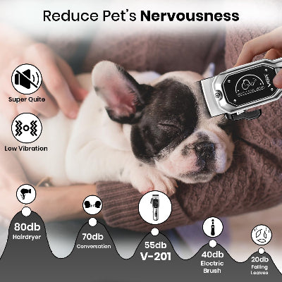 Prikaz VGR trimera za pse, koji radi sa niskim nivoom buke od 55db i bez vibracija. Smanjuje nervozu kucnih ljubimaca.