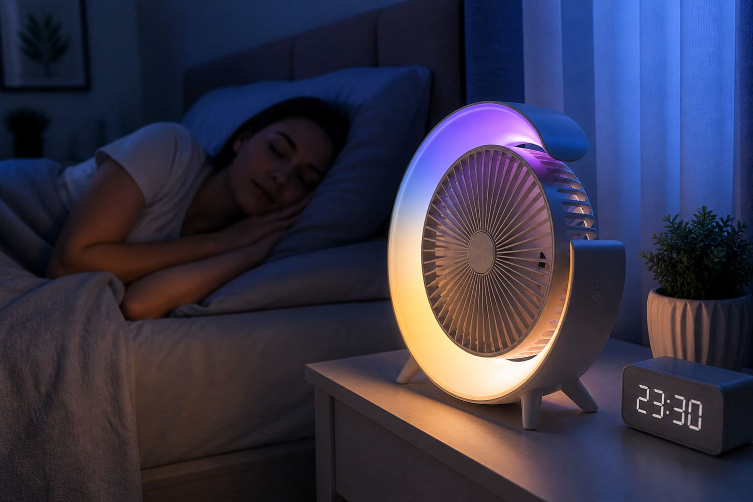 tihi ventilator za spavanje sa led svetlom na nocnom stolu