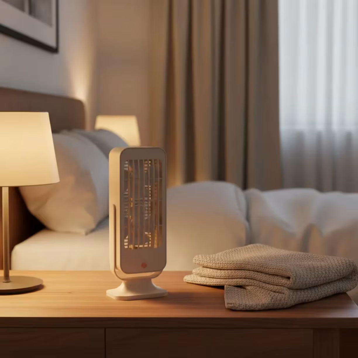 Elegantni kuler na nocnom ormaricu pored upaljene stone lampe u priguseno osvetljenoj spavacoj sobi