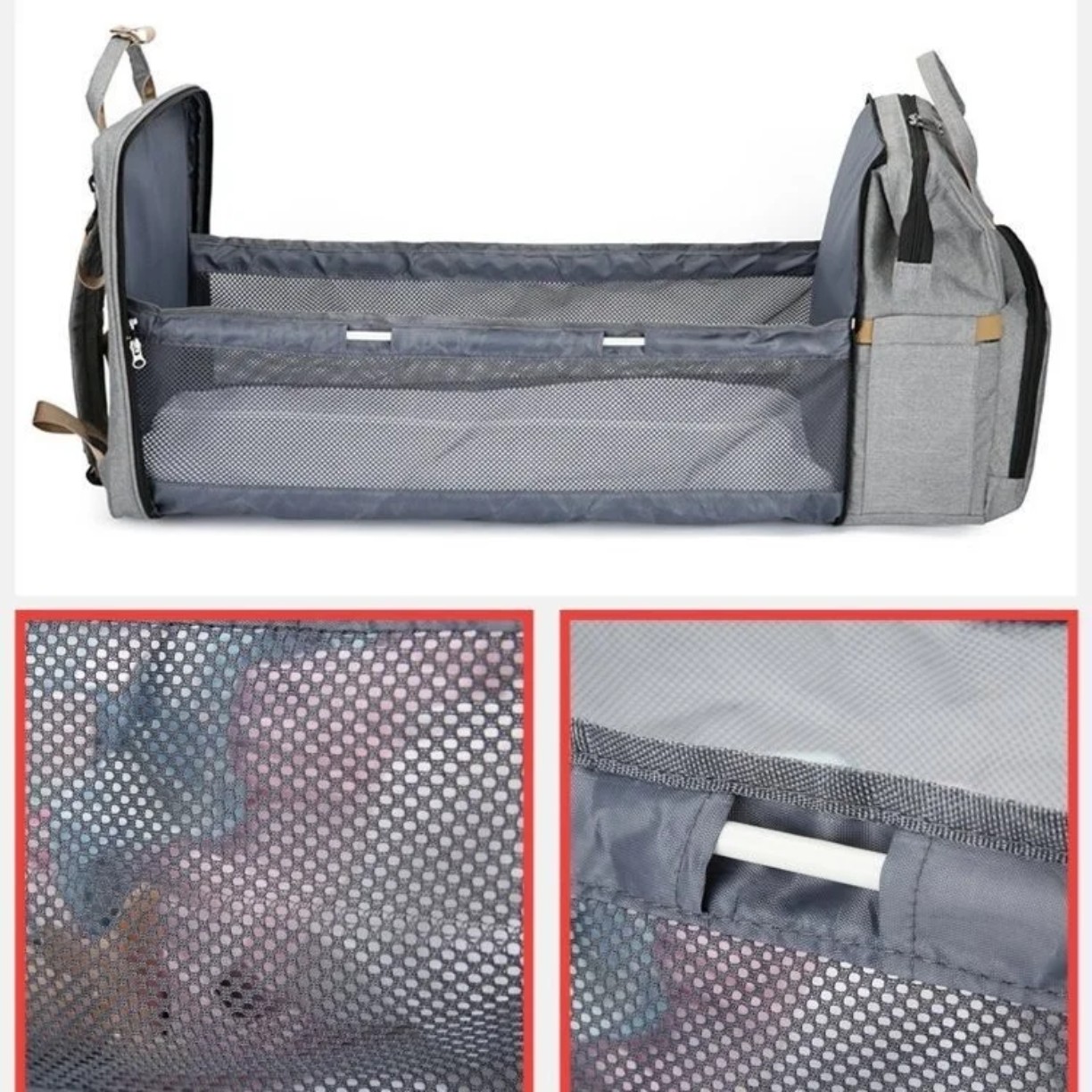 torba za bebe sa mrezicom i detaljima prenosivog krevetca
