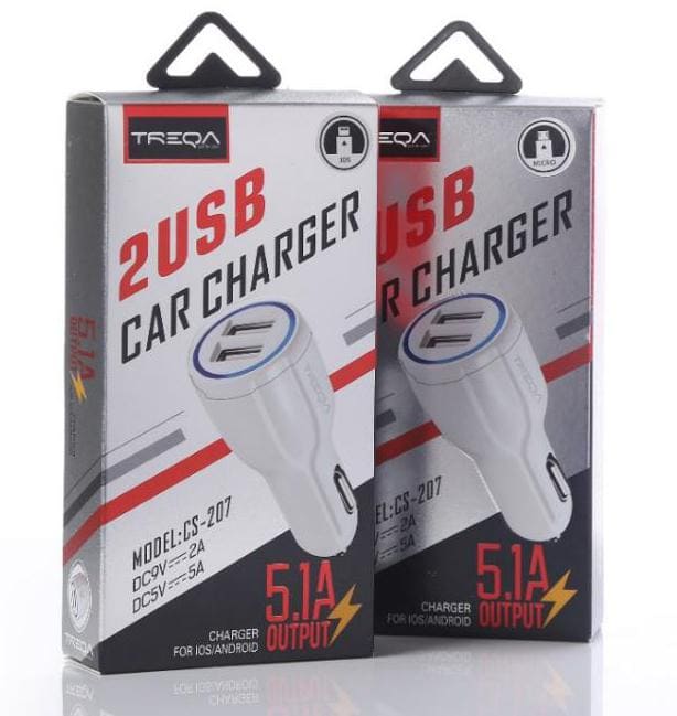 Treqa punjac za auto sa dva usb ulaza jacine pet zarez jedan amper prikazan u originalnom pakovanju model cs207