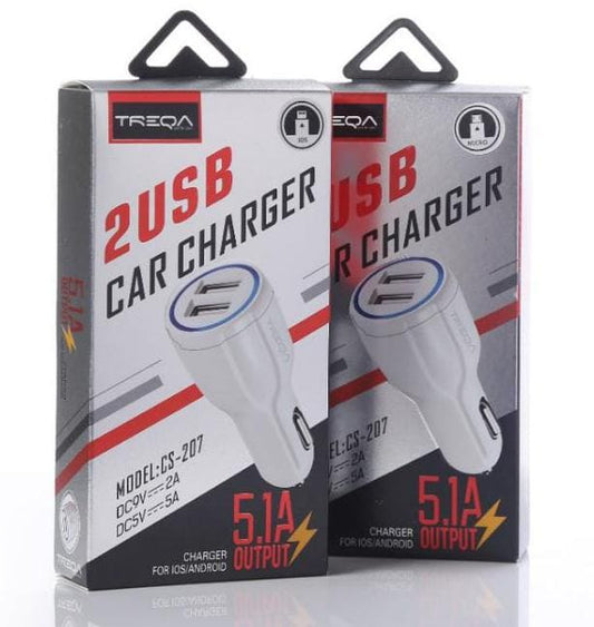Treqa punjac za auto sa dva usb ulaza jacine pet zarez jedan amper prikazan u originalnom pakovanju model cs207