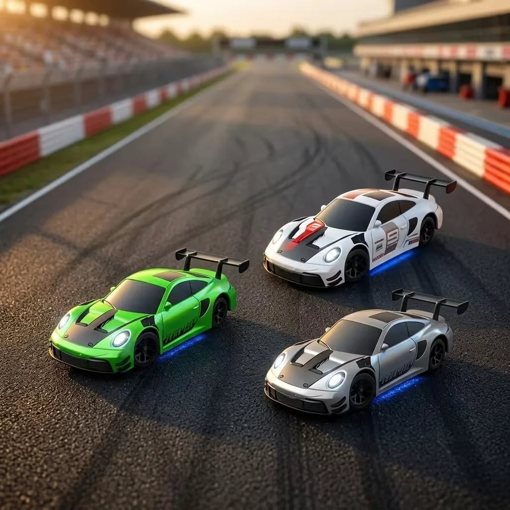 Tri mini drift auta sa plavim LED osvetljenjem na stazi