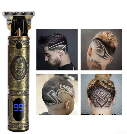 Metalni trimer za kosu sa ekranom i primerima modernih frizura