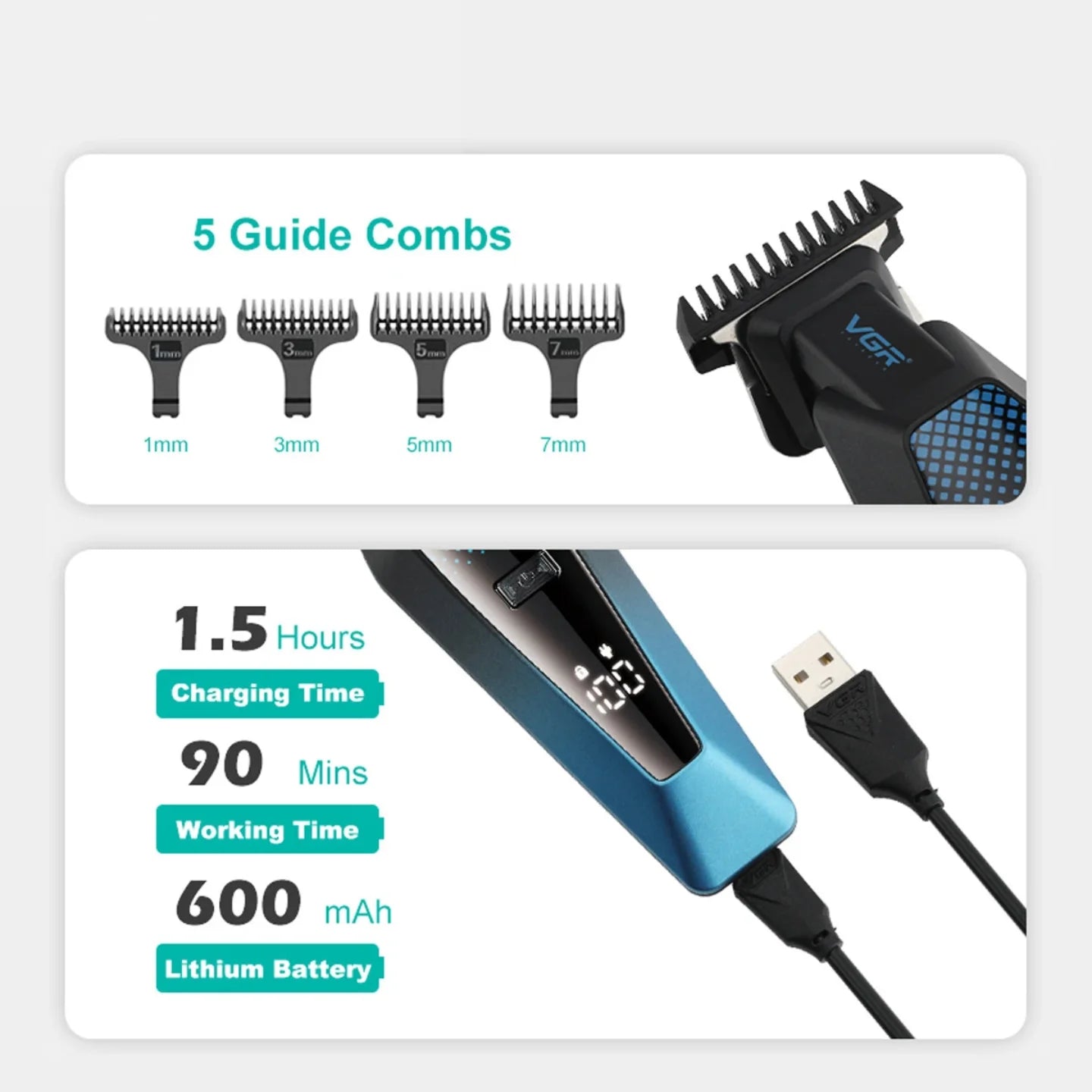 Infografik sa nastavcima za trimer i podacima o bateriji i vremenu rada