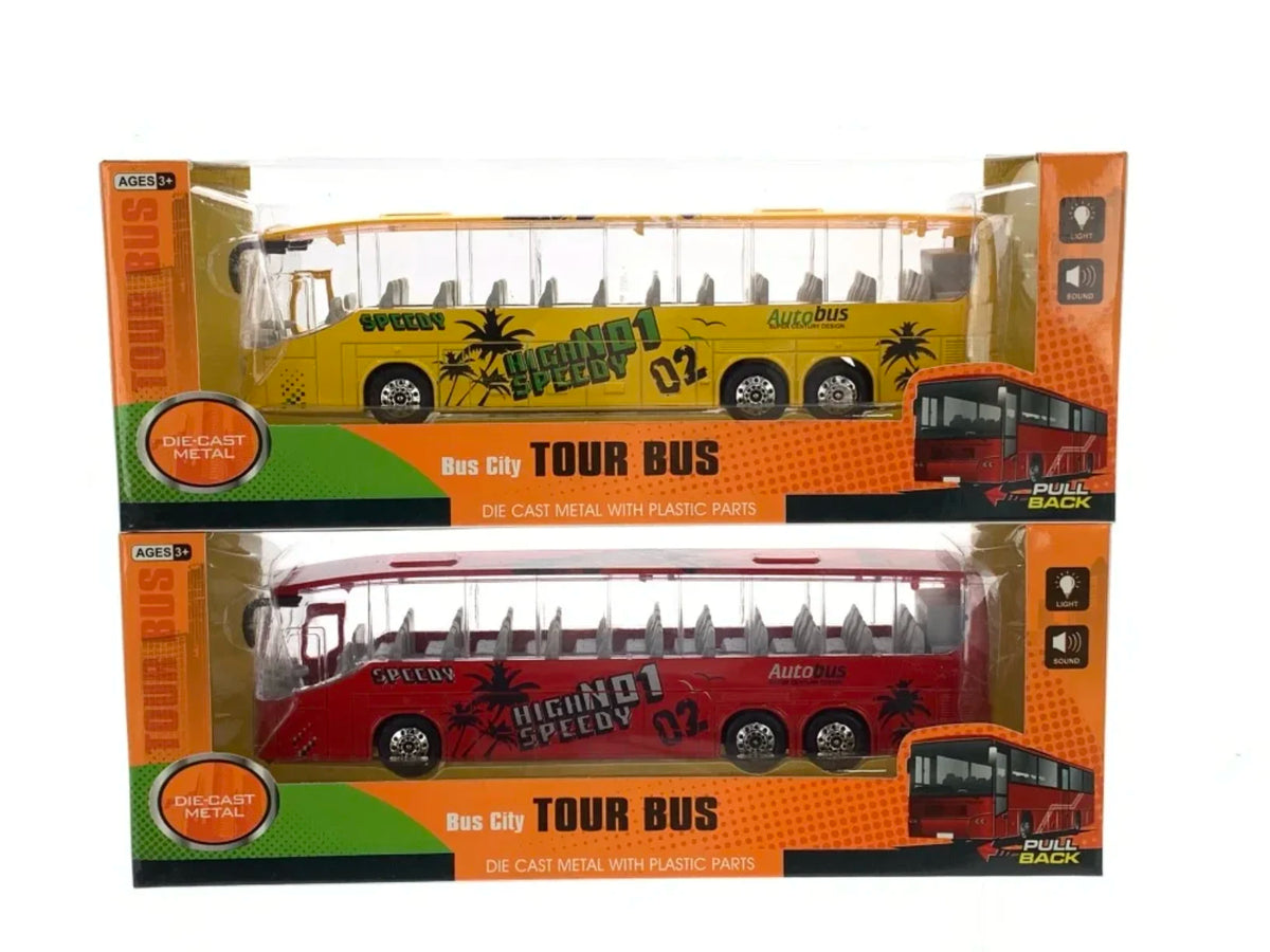 Metalni turisticki autobusi igracke u zutoj i crvenoj boji u pakovanju