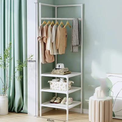 Stilski ugaoni stalak za odecu sa policama. Lako uklapanje u kucni dekor, organizacija odece.