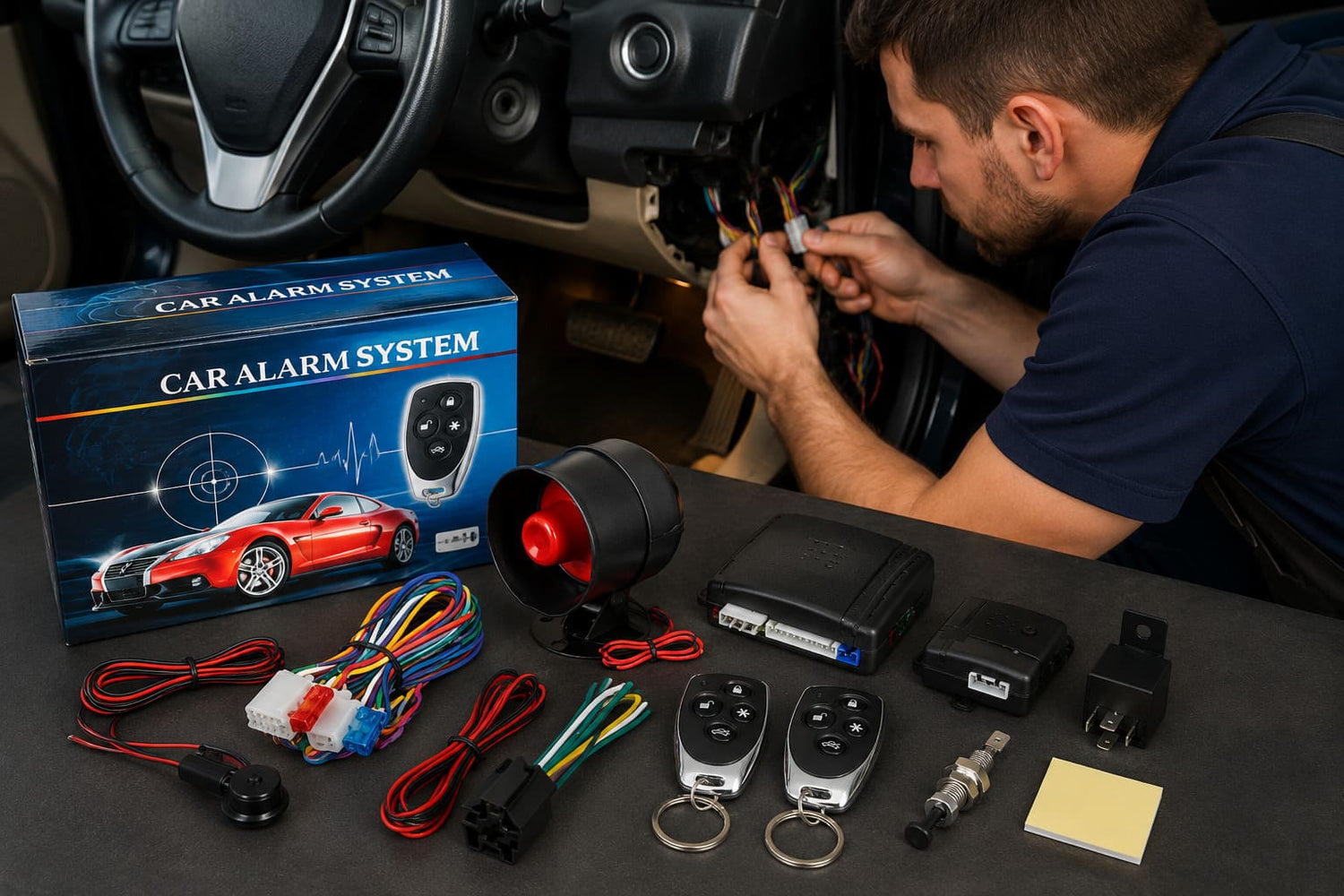 Ugradnja auto alarm sistema u automobil sa sirenom, modulom i daljinskim upravljacima za zastitu vozila.