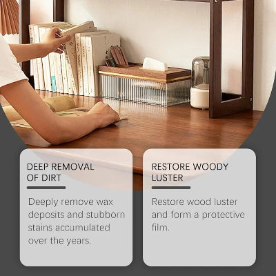  Prikaz uklanjanja prašine i prljavštine sa drvenog nameštaja. Sprej sa pčelinjim voskom obnavlja sjaj i štiti drvo od oštećenja.