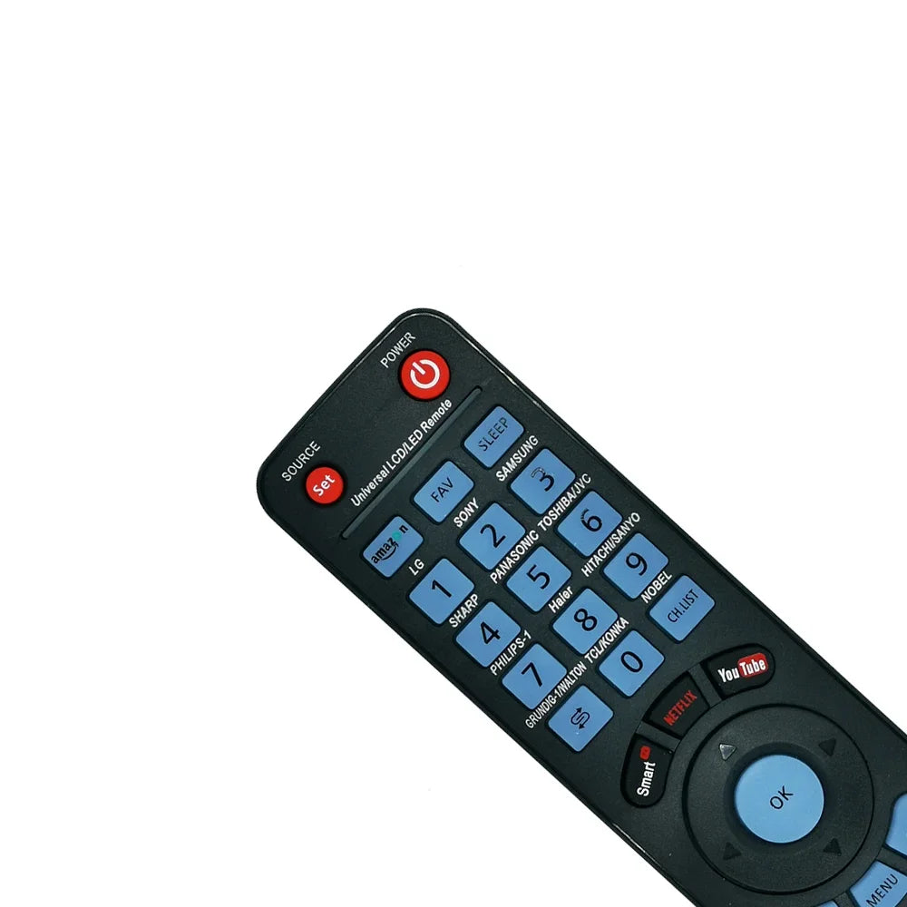 Detalj gornjeg dela univerzalnog daljinskog za TV sa brend tasterima