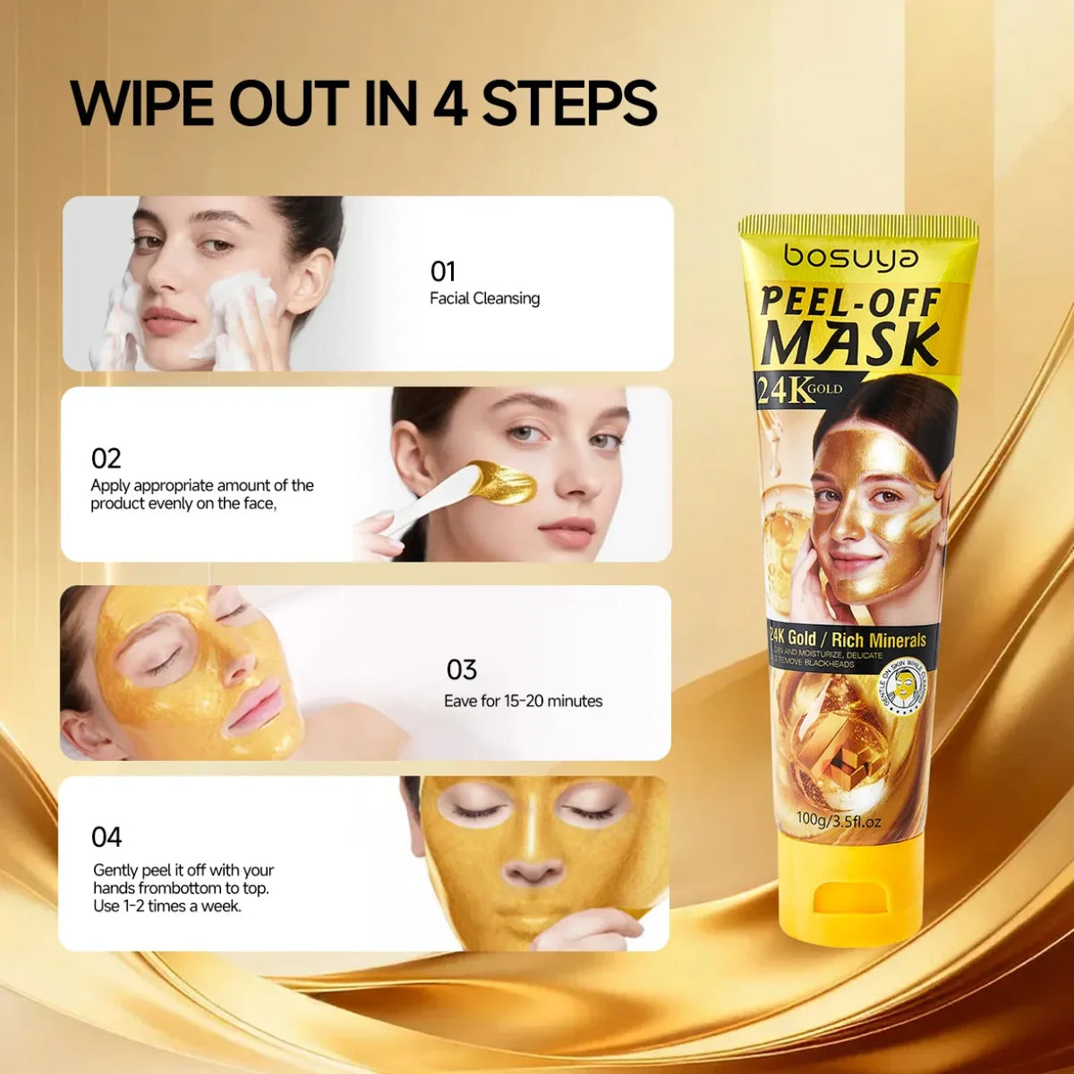 uputstvo u 4 koraka za koriscenje zlatne peel off maske za lice